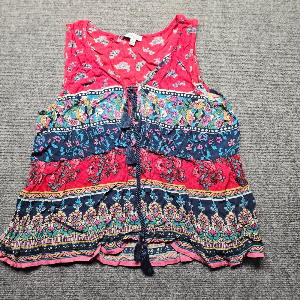 Patrons of Peace Floral Tassel Tiered Boho Tank Top Red Blue NA1425T Large